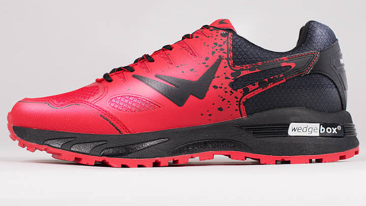 Profil de la chaussure de trail marche nordique sport santé Wizwedge Stargon rouge pour douleur bas du dos
