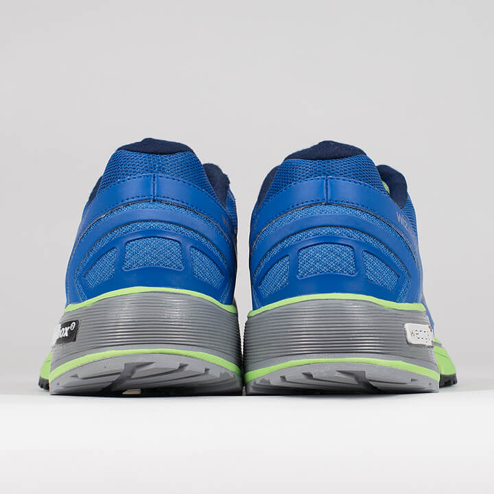 Dos des chaussures de running homme française Wizwedge Helium Universel bleue pour douleur tendon d'achille